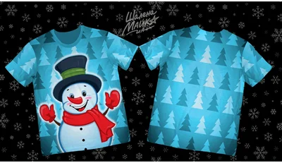 Футболки с полной запечаткой: снеговик в шарфике